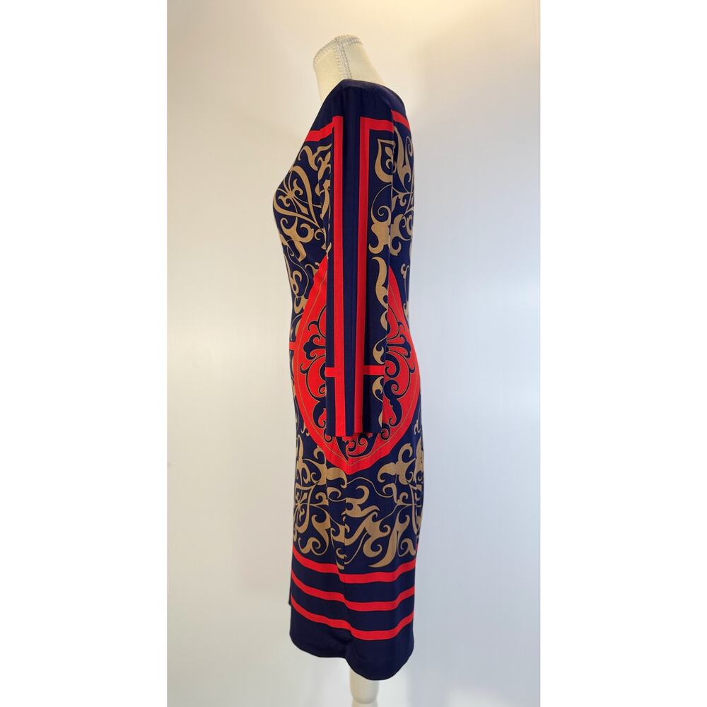 Cache Bodycon Sheath Dress Baroque Navy Red Women’s Medium Boat Neck Geometric - Picture 6 of 16